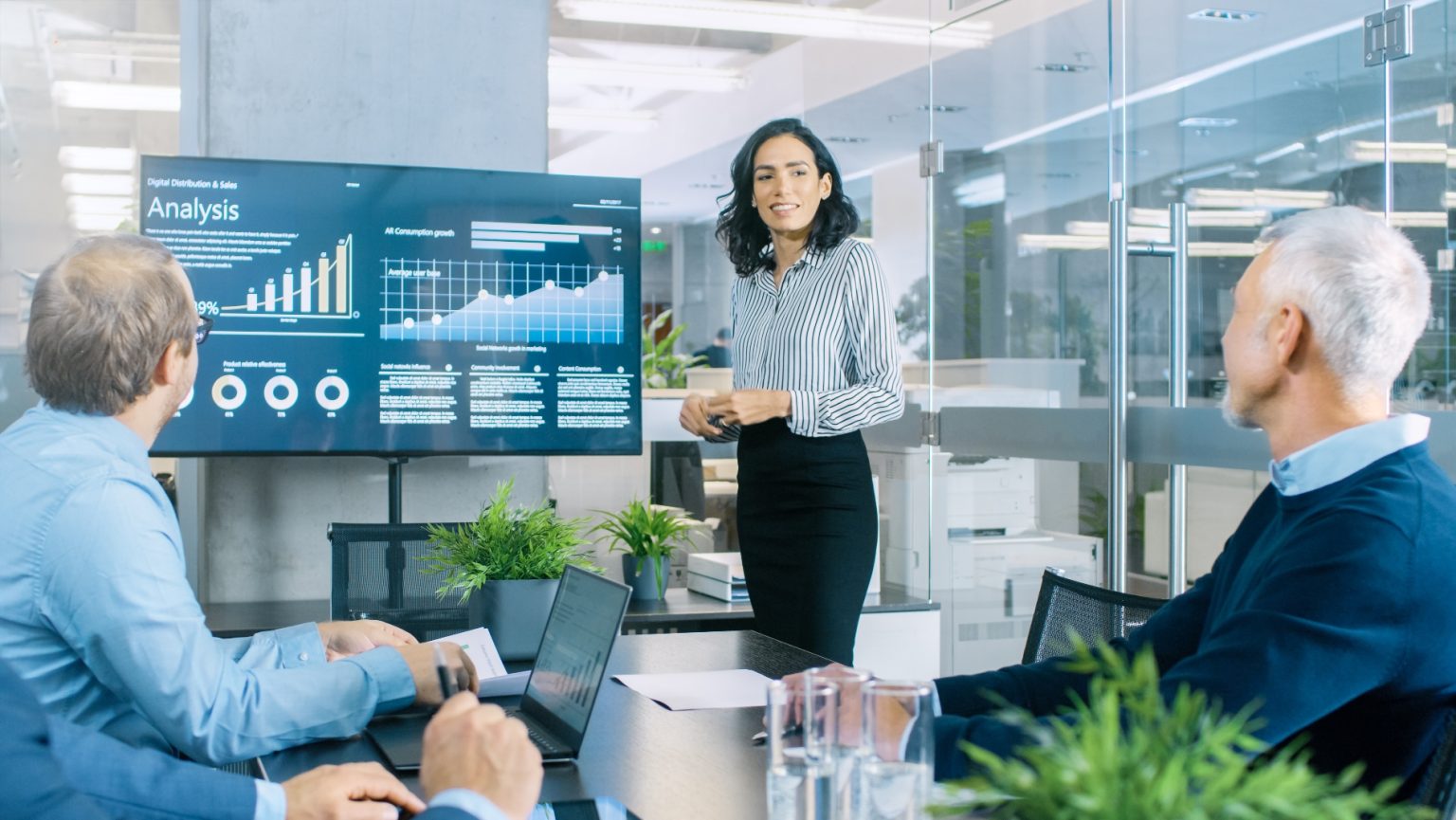 presenting analytics on a large screen to colleagues in a modern meeting room